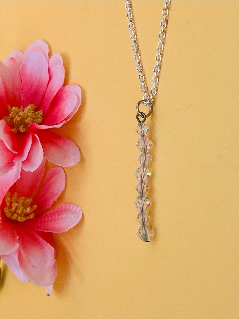Clear Crystal Bar Pendant Necklace silver tone